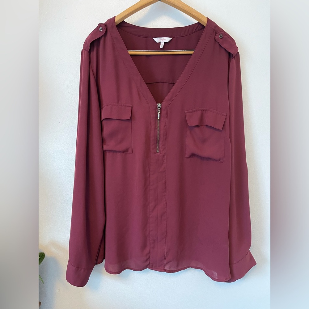 Office Siren Burgundy Utility Blouse Corpcore Zip Front Flap Pocket Top 3X